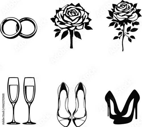 Graphic illustration of wedding rings roses champagne flutes and high heels in black and white color