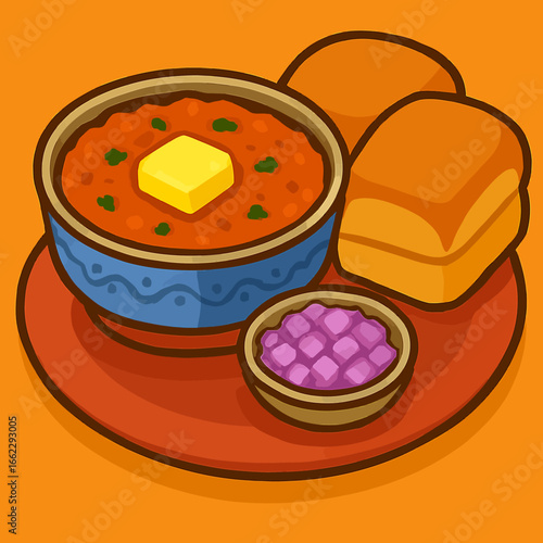 Cartoon-style illustration features Pav Bhaji and toppings. Depicts vibrant Indian snack, suitable for food blogs, social media, or restaurant menus.