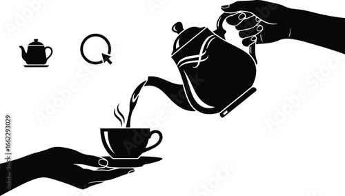 Silhouette of a hand pouring tea from a teapot into a cup on a saucer