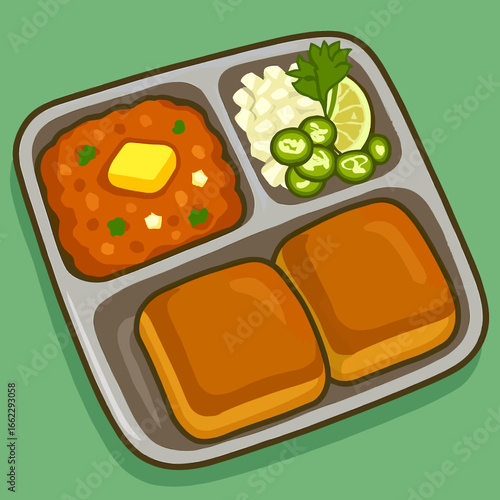 Cartoon food art: Displays pav bhaji on a plate, showcasing bright colors and a flat style. Ideal for restaurant menus, social media, or promotional food content.