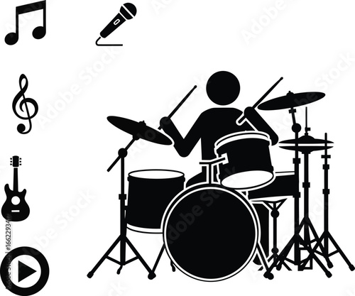 Silhouette of a drummer playing drums with musical symbols around him
