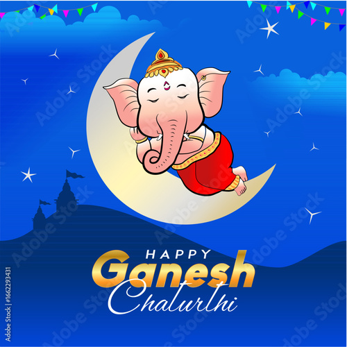 Child Ganesha Sleeping on Moon Vector | Creative Gradient Line Art Ganesh Chaturthi Poster Design