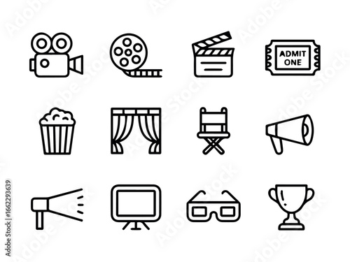 Vector movie film cinema production icons vector set for entertainment industry and filmmaking content creation