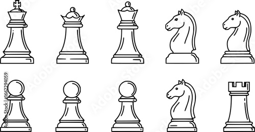 Chess piece icons set. Board game. Line set of chess vector icon for web design isolated on white background. King, queen, bishop, pawn, horse, knight, rook. Vector Illustration. EPS 10