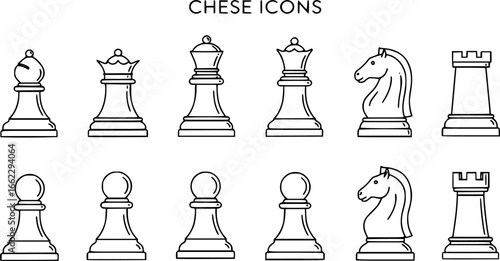 Chess piece icons set. Board game. Line set of chess vector icon for web design isolated on white background. King, queen, bishop, pawn, horse, knight, rook. Vector Illustration. EPS 10