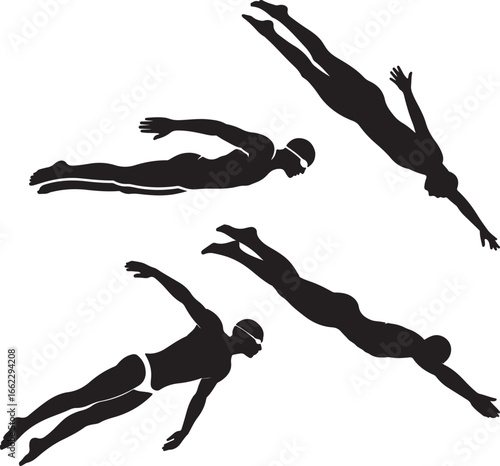Silhouettes of Swimmers in Various Diving and Swimming Poses