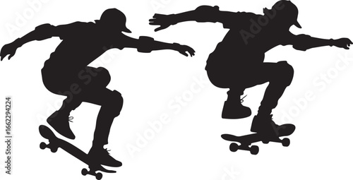 Two Silhouettes of Skateboarders Performing Tricks on White Background