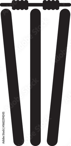 Black and white icon of cricket stumps and bails on a white background