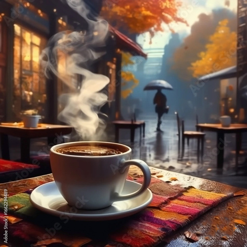 a cup of hot coffee in a coffee shop in autumn