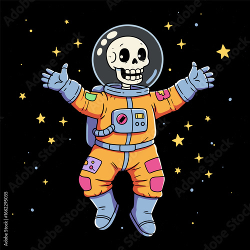 Cartoon skeleton in orange astronaut suit floating in space with stars around.