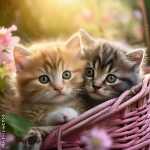 two kittens in a pink basket with flowers in a summer garden