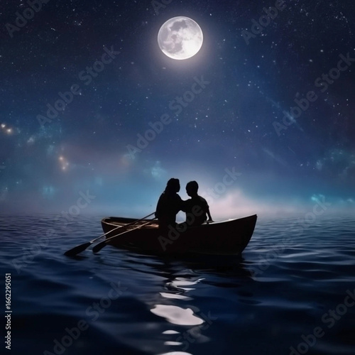 A young man, a young woman, paddling in the sea at night, with the moon falling beautifully.