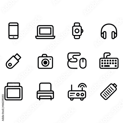 Vector outline icons of electronic devices such as phone laptop watch headphones and other digital accessories vector set
