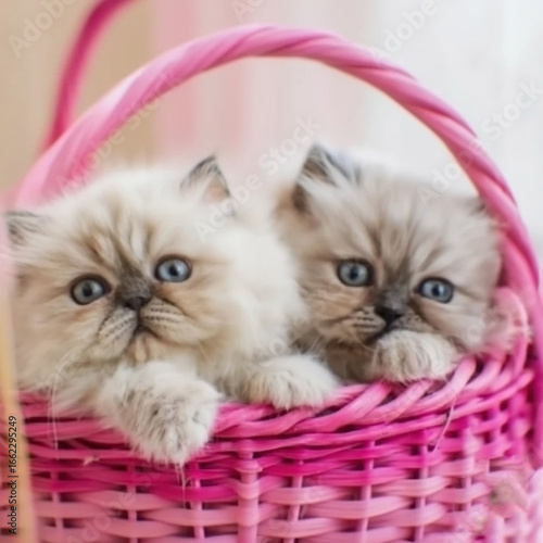 3 Kittens in basket with pink bows and Valentine hearts