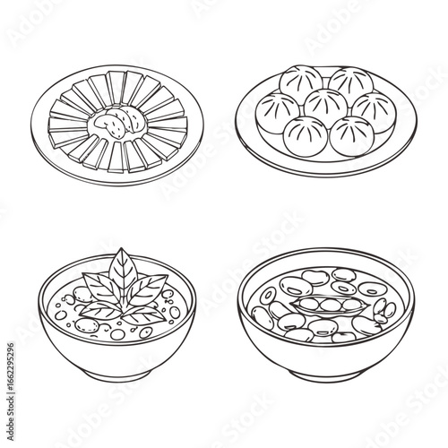 Illustration of various asian dishes, including dumplings