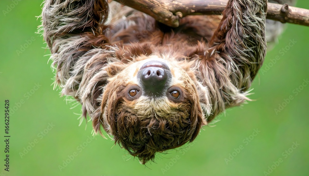 Obraz premium Sloth Hanging Upside Down From Branch with Soft Green Backdrop