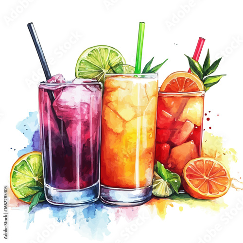 Summer Cocktails Tropical Drinks, watercolor drawing vector, isolated on a white background.