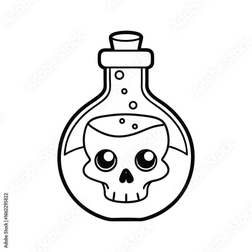 Line art illustration of a skull contained within a potion bottle on a white background
