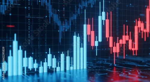 Financial Chart Analysis: Intricate candlestick charts paint a vivid picture of financial trends, showcasing both the dynamism of market fluctuations and the analytical depth of data visualization. 