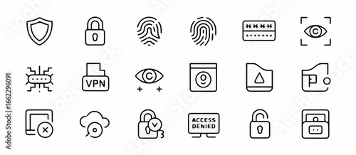 Vector security icons set for data protection and privacy with shield lock fingerprint and access control design