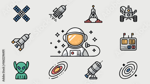 Vector astronaut space exploration vector icons set featuring rocket satellite and alien with telescope and rover icons