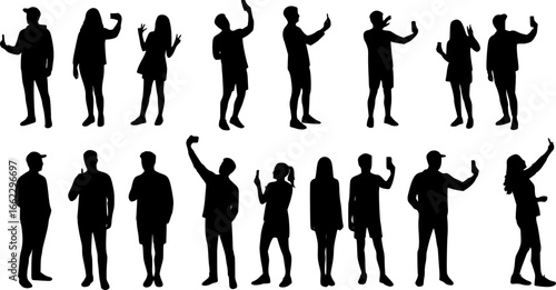 Silhouette group of people selfie different poses silhouette vector set on white background.