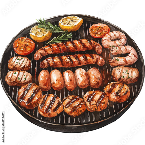 Summer Barbecue, watercolor illustration vector, isolated on a white background.