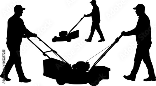 Man pushing an old green lawn mower silhouette. Lawn Mower Silhouette Stock Illustrations. Silhouette Man Pushing Lawn Mower. Black silhouette of a lawn mower on a white background.