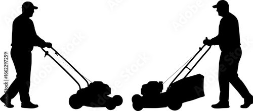 Man pushing an old green lawn mower silhouette. Lawn Mower Silhouette Stock Illustrations. Silhouette Man Pushing Lawn Mower. Black silhouette of a lawn mower on a white background.