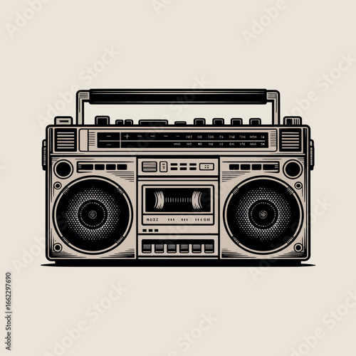 Retro boombox with cassette player and speakers in vintage style