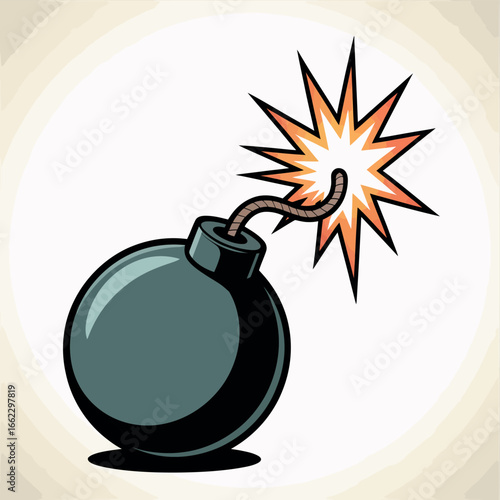 Cartoon bomb with a lit fuse and explosion effect