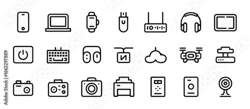 Vector electronics devices vector icons set technology gadgets mobile laptop camera printer smartwatch headphones and more 100