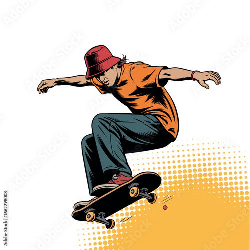 Young skateboarder performing a trick with a dynamic pose