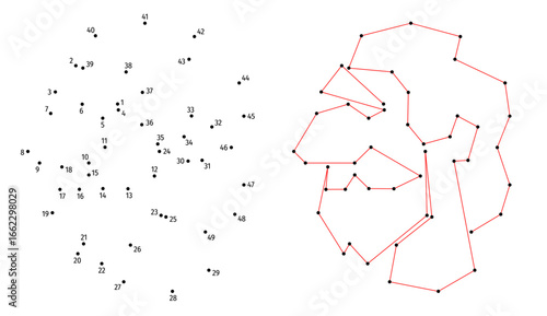 Connect the dots educational drawing game. Dot to dot by numbers puzzle. Google Font Fira Sans Condensed. Brutal face of Viking in profile.