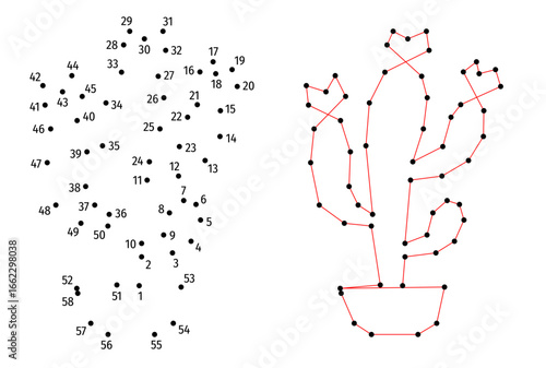 Connect the dots educational drawing game. Dot to dot by numbers puzzle. Google Font Fira Sans Condensed. Cactus in flower pot.
