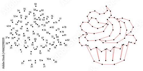 Connect the dots educational drawing game. Dot to dot by numbers puzzle. Google Font Fira Sans Condensed. Cupcake with cream. 