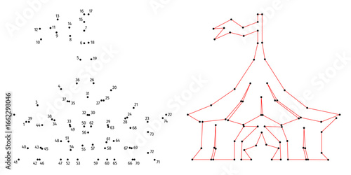 Connect the dots educational drawing game. Dot to dot by numbers puzzle. Google Font Fira Sans Condensed. Circus.