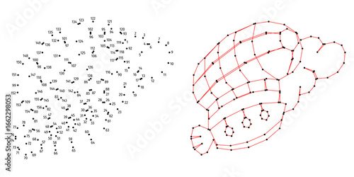Connect the dots educational drawing game. Dot to dot by numbers puzzle. Google Font Fira Sans Condensed. Airship in the cloud.