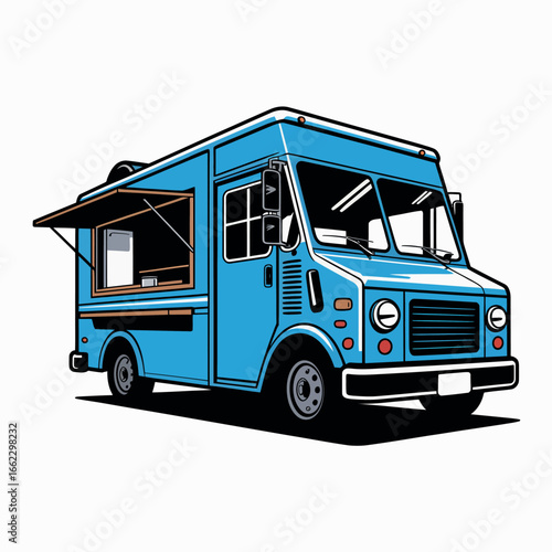 Bright blue vintage style food truck with open serving window