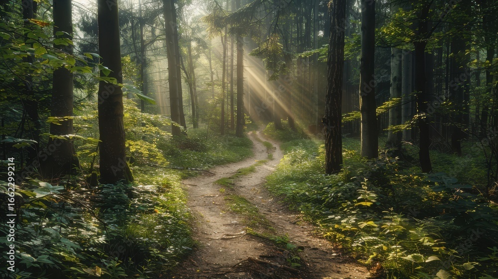 Obraz premium Serene forest path winding through lush greenery on a sunny morning with soft light filtering through the trees