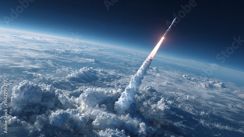 Dramatic rocket launch soaring through Earth's atmosphere creating brilliant light trails and plumes of smoke.