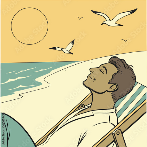 Man relaxing on the beach in a deck chair, enjoying the sun and sea, a perfect illustration for vacation, summer, and relaxation themes