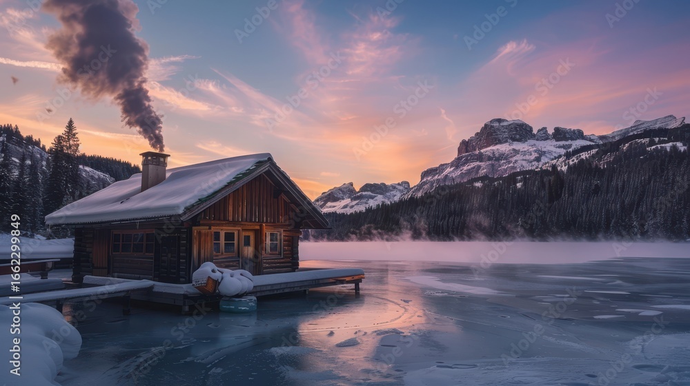 Fototapeta premium Winter sunset over a lakeside cabin surrounded by mountains and snow