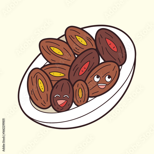 Ramadan Dates on Plate Vector Illustration, Fresh Date Fruit, Iftar Food, Traditional Middle Eastern Snack, Sweet Dates on Dish, Cute Ramadan Food Cartoon, Healthy Fruit Serving, Isolated Date Plate, 
