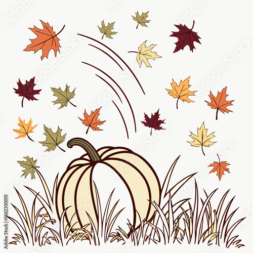 Thanksgiving in flat style. Many colorful autumn leaves with congratulating pumpkin in grass on white background. Stylish autumn holiday card with space for text
