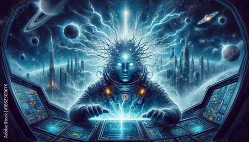 An illustration of a powerful super-being-an alien with glowing eyes who is energetically connected to a high-tech city and controls a supercomputer. Vector graphics. EPS.