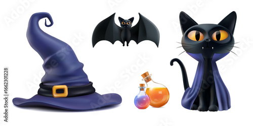 Halloween symbol 3d vector clipart. Black cat dracula, witch purple hat, vampire bat, magic potion. Kid costumed party invite element set. Spooky scary sale flyer, children realistic trick treat offer