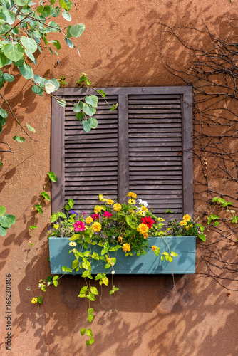 southwest stucco building with wood shuttered window and windowbox full of flowers