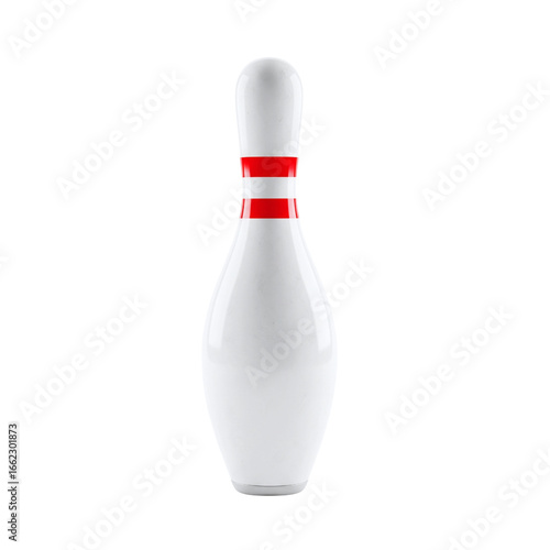 Single white bowling pin with red stripes