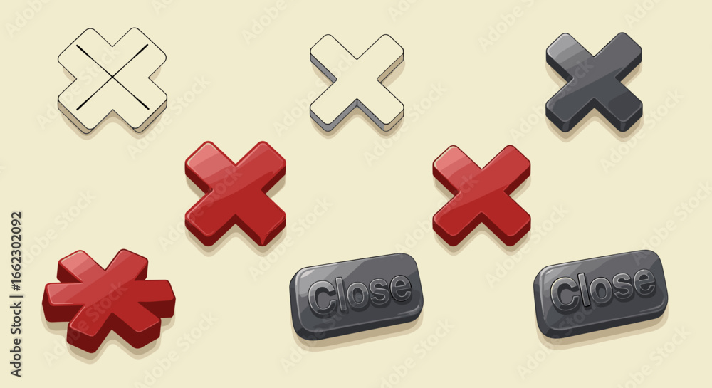 Obraz premium Red and White Cross Symbols Plus Two Black Close Buttons Isolated on Light Yellow Background